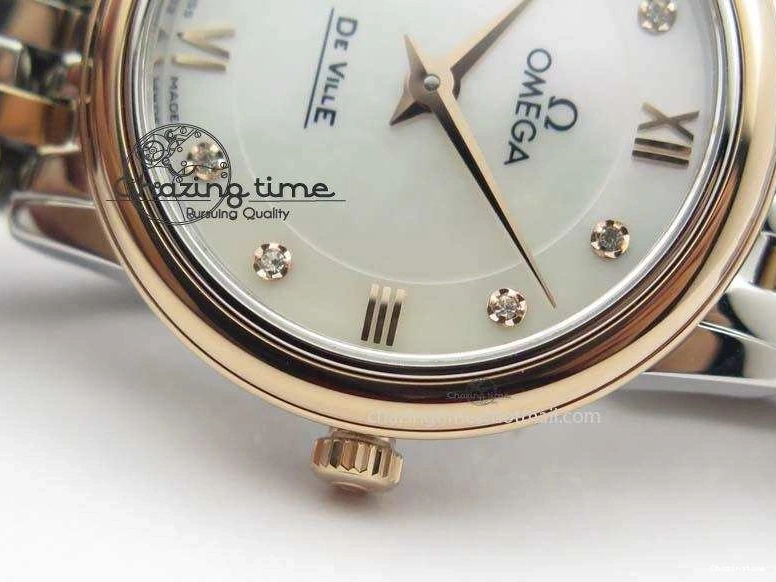 0426 De Ville 27mm SS RG Ladies MK 1:1 Best Edition White MOP Dial Diamond Markers On SS Bracelet Ronda Quartz Chic 8198